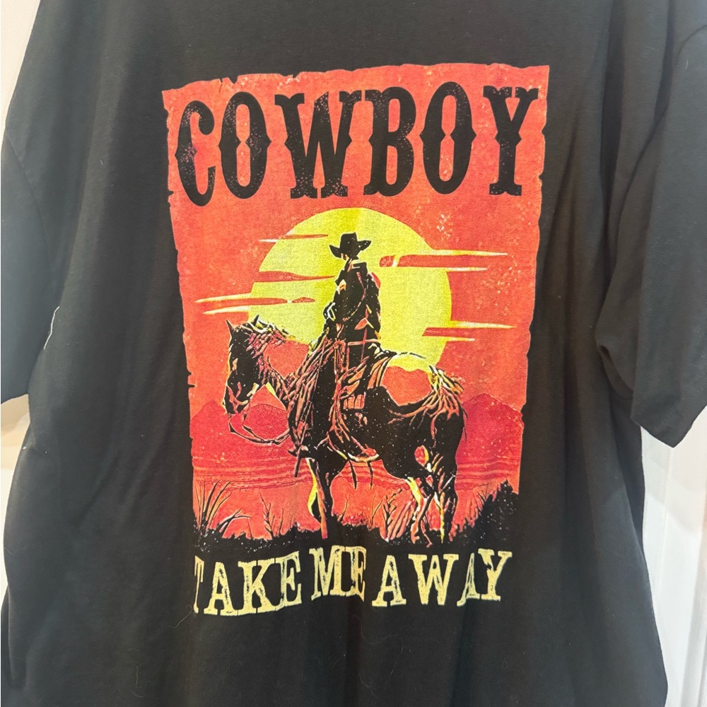 Gildan Black Tee with Red and Yellow Cowboy Take Me Away Graphic